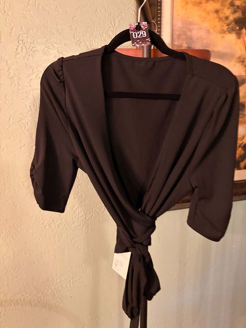Halara Black Short Sleeve Tie-Front Ruched Detail Wrap Top